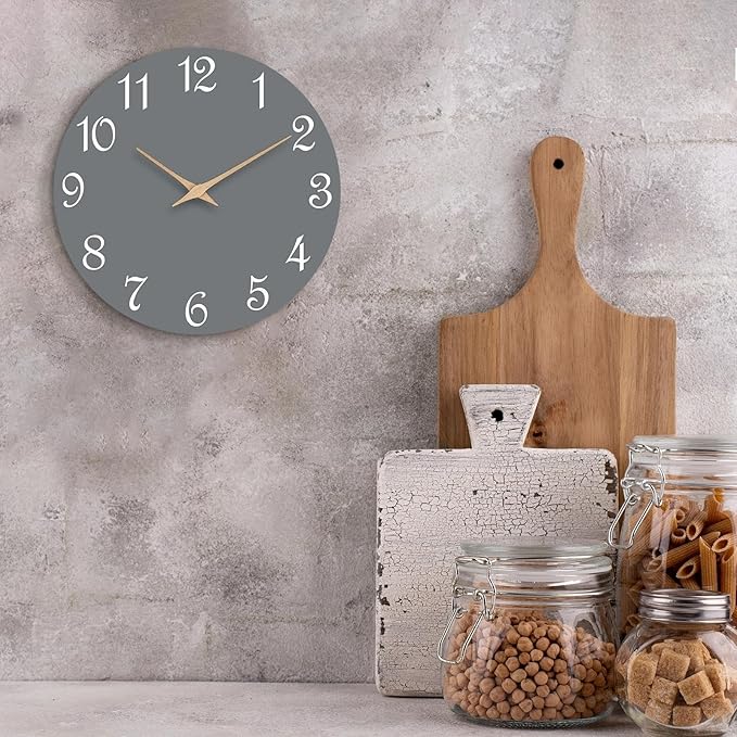 Mosewa Wall Clock Silent Non Ticking Decorative for Bedroom Bathroom Office Living Room Battery Operated Gray Wood Modern Simple(10 Inch)