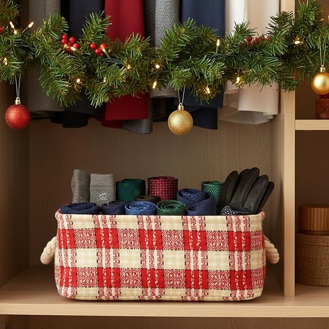 INough Christmas Basket Empty Christmas Baskets Holiday Gift Baskets Empty Cute Christmas Basket for Kids Collapsible Red Book Bin with Handles Farmhouse Storage Containers