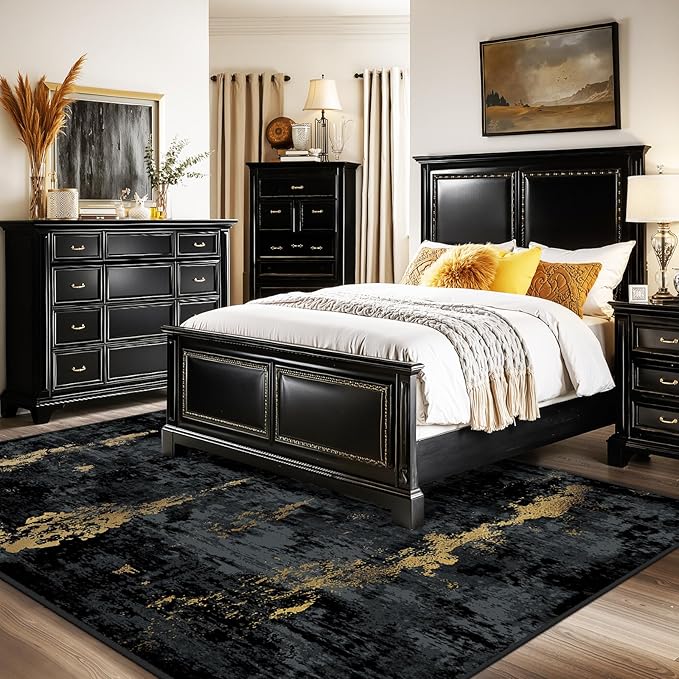 RELEANY Washable Area Rugs 7'x9' Non-Slip Modern Abstract Soft for Living Room Entryway Bedroom Nursery, Print Pattern, Dark Black Gold