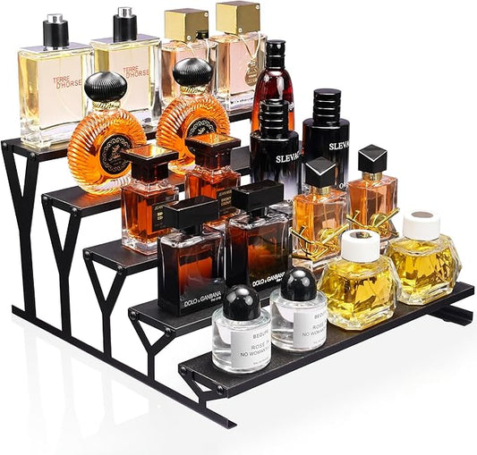 KALYLOC 5 Tier Wooden Display Riser Stand 13.8 Inch Metal Step Perfume Stand Organizer Tabletop Tiered Display Shelf Rack for Cologne Cupcake Spice Figures Cosmetics Candles (Black, Y-Shape)