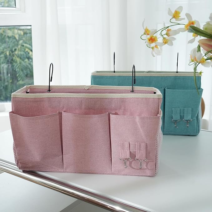 Bedside Caddy, Bedside Hanging Storage Organizer forBunk and Hospital Beds,College Dorm Bed，Can be Placed Glasses Books Mobile Phones(Light Pink)
