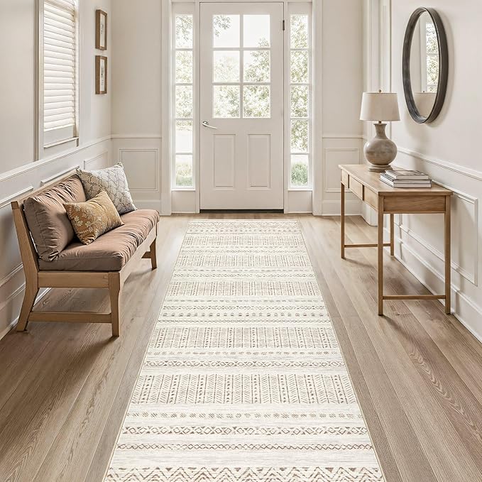 cotiled Washable 3x8 Runner Rugs: Washable Boho Rugs with Non Slip Backing Large Soft Indoor Stain Resistant Carpet for Living Room Bedroom Farmhouse Dining Room Lightweight Home Decor Brown/Cream
