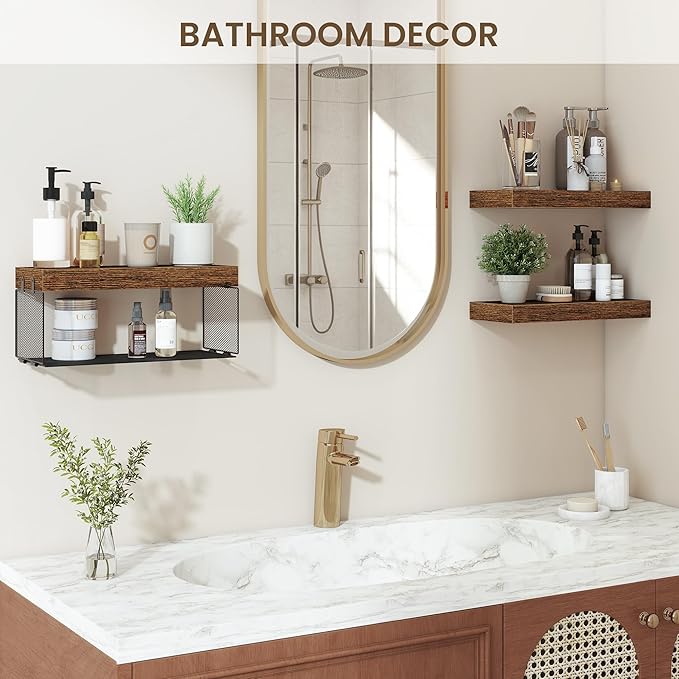 Acovy Bathroom Floating Shelves for Wall,16 inch Wall Mounted Floating Shelf Toilet Organizer and Storage,Small Farmhouse Decor Shelf,Rustic Brown,Set of 3