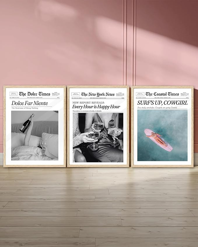 iHery Every Hour is Happy Hour Framed Trendy NewsPaper Wall Art, Natural OAK Wood 12x16in Canvas Wall Decor For Bedroom, Retro New York News Prints Posters for Girl Dorm Living Room Home 1Pack