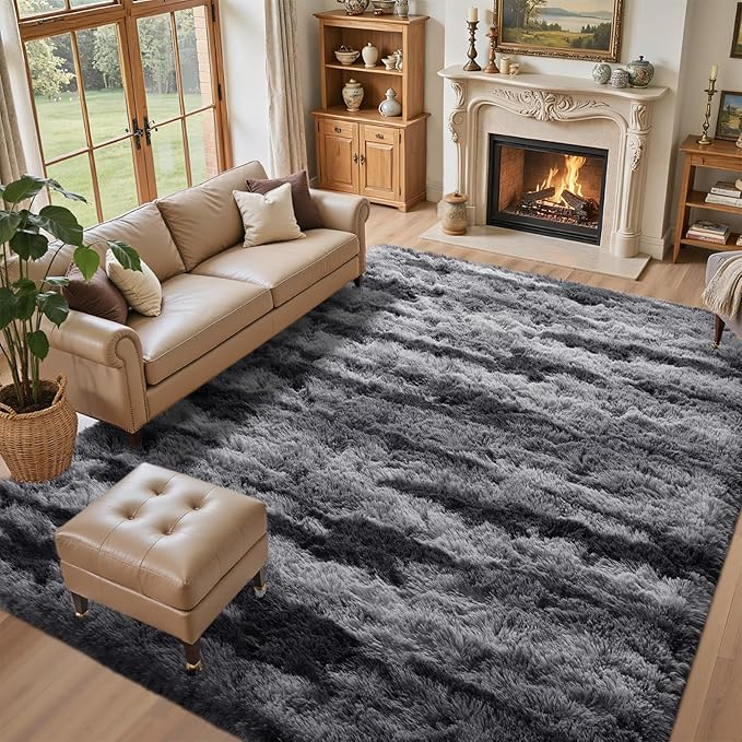 Area Rugs for Living Room 6x9 Feet, Soft Fluffy Shagg Plush Bedroom Rug Non-Slip,Large Carpet for Nursery Kids Dorm Home Decor Black and Silver