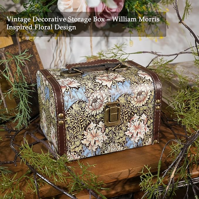 Vintage Decorative Storage Box with Handle, Retro Floral William Morris Keepsake Organizer Chest for Jewelry, Trinkets, Gift Packaging and Home Decor, 7 x 5.6 x 4.7 Inch