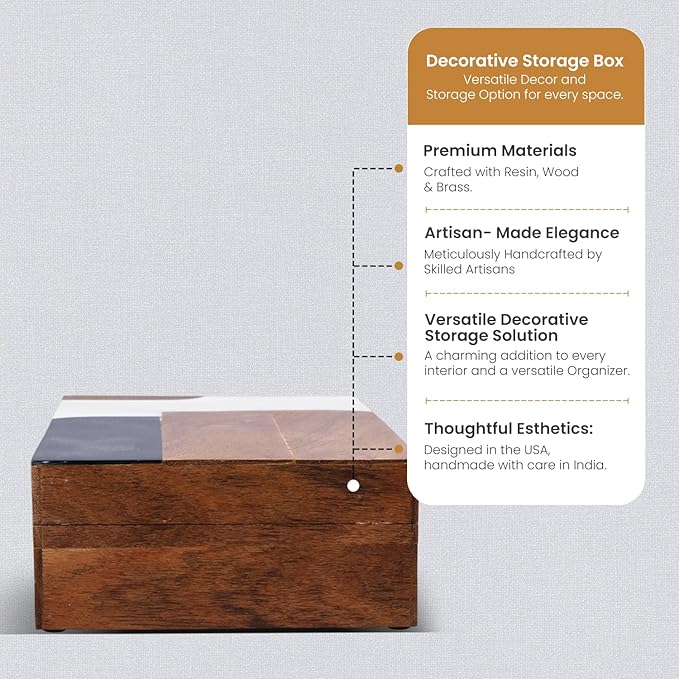 Handicrafts Home Decorative Storage Box, Keepsake Box Jewellery Organiser Abstract Wood Box, Handmade Wooden Jewelry Box with Resin & Brass Inlay, Memory Box for Home Decor, Coffee Table- 8x5x2