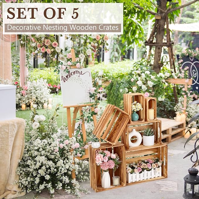 CroBlissful 6 Pcs Decorative Wood Crates for Storage Display Rustic Nesting Crates with Handle Farmhouse Wooden Storage Container Boxes for Wedding Baby Shower Birthday Party(Classic Color)