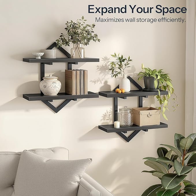 HOOBRO Floating Shelves, 15 Inch Wall Shelf Set of 2, Wall Mounted Storage Shelves 2-Tier, Hanging Bathroom Shelves, for Living Room, Bedroom, Bathroom, Kitchen, Black BB13BJP201