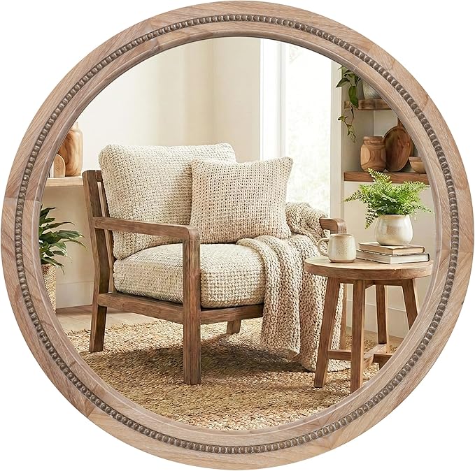 36" Large Round Wood Mirror for Living Room Fireplace, Big Solid Wood Wall Mirror - Oversized Boho Beaded Circle Mirror for Entryway Console & Dining Room