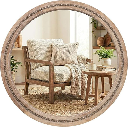 30" Round Solid Wood Mirror for Bathroom Vanity, Handcrafted Beaded Circle Wall Mirror - Natural Boho Farmhouse Decor for Entryway & Bedroom