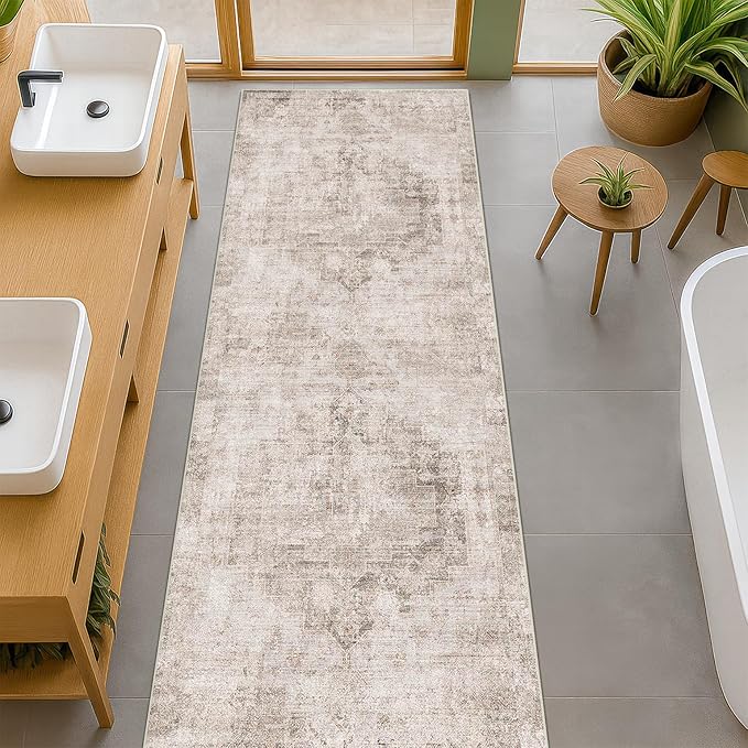 Hazo Haus Non Slip 10ft Long Hallway Runner Rug - Beige Brown 2 x 10 Runner Rug, Washable & Waterproof 2x10 Kitchen Floor Mat - Modern Abstract Design Décor