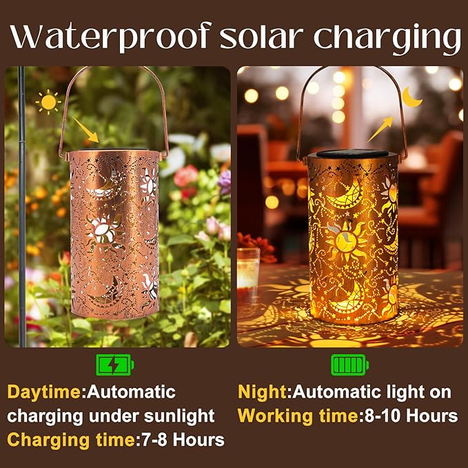 DIBIEECN Mothers Day Gifts for Mom, Birthday Gifts Grandma Ladies Solar Lanterns Outdoor Hanging Hollowed-Out Metal Waterproof LED Garden Decor Outside for Patio Yard Porch, Sun and Moon, 1 Pack