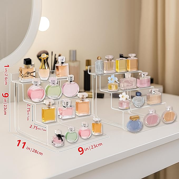 AMT Acrylic Riser Display Stand, 100% Acrylic Clear 4-Tier Organizer for Figures, Cupcake, Perfume, Sunglasses (9 inch x 2.75 inch) 2-pack