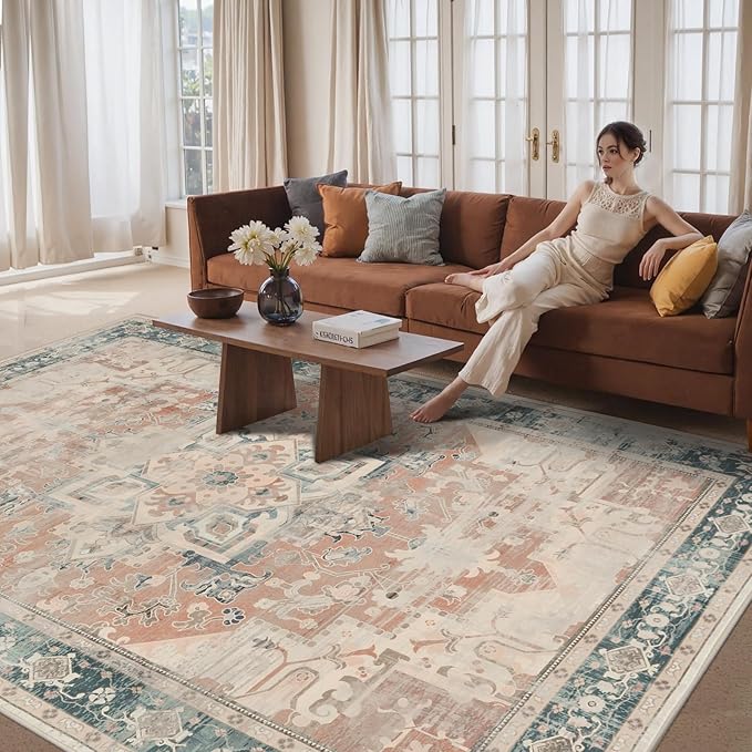 Rugxara 8X10 Orange Boho Rug,Large Washable Area Rugs for Living Room, Neutral Vintage for Office, Dining Room, Kids Room, Farmhouse, Low Pile Non Slip Carpet for High Traffic Areas, Coral