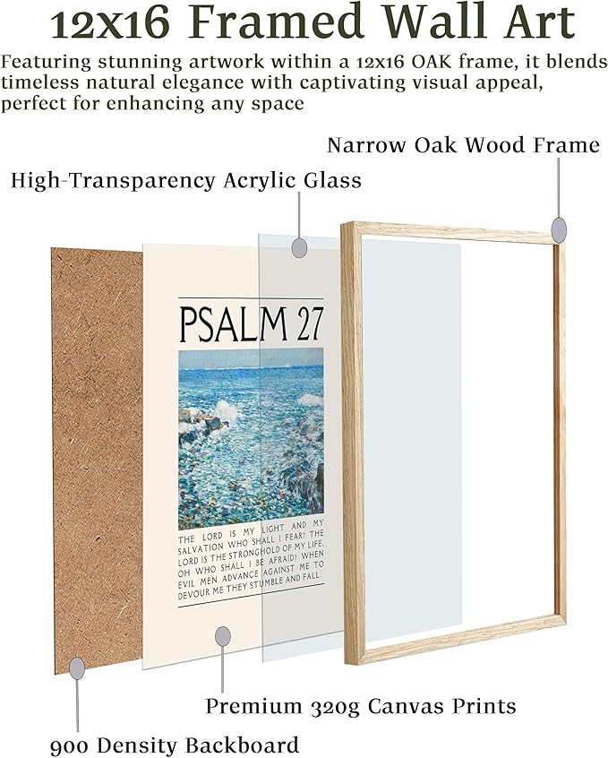 EcoHest OAK Wood Jesus Framed Wall Art, 12x16in Psalm 27 Bible Verse Christian Wall Art, Modern Faith Religious Bedroom Decor For Living Room Bathroom Christian Merch Gift 1Pack