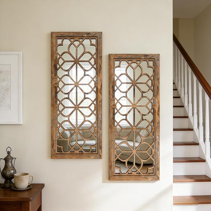 Set of 2 13x30 Inch Large Redbrown Shatterproof Carved Floral Wood Frame Wall Mirrors, Boho Farmhouse Rustic Accent Mirrors for Living Room Bedroom Bathroom & Home Decor