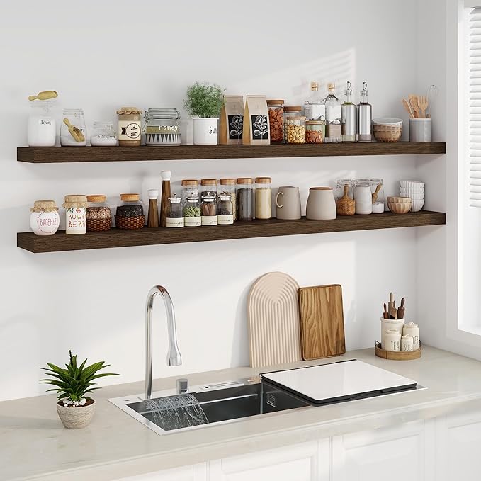 Fun Memories 72 Inch Floating Shelves, Wall Mounted Rustic Wood Floating Shelf with Invisible Brackets for Storage & Decor, 2 Pack Shelves for Bathroom,Bedroom and Kitchen, Walnut