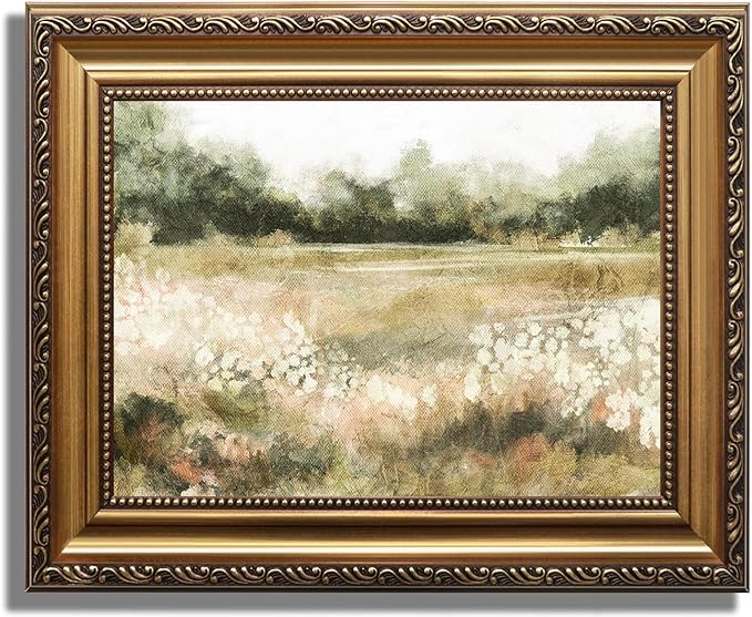 KBKBART Gold Framed Vintage Wall Art, Vintage Watercolor Wildflower Countryside Canvas Oil Painting Farmhouse Decor Wall Art, Rustic Antique Landscape Bathroom Wall Decor for Bedroom Living Room, Gifts for Friends or Family(9"x12")