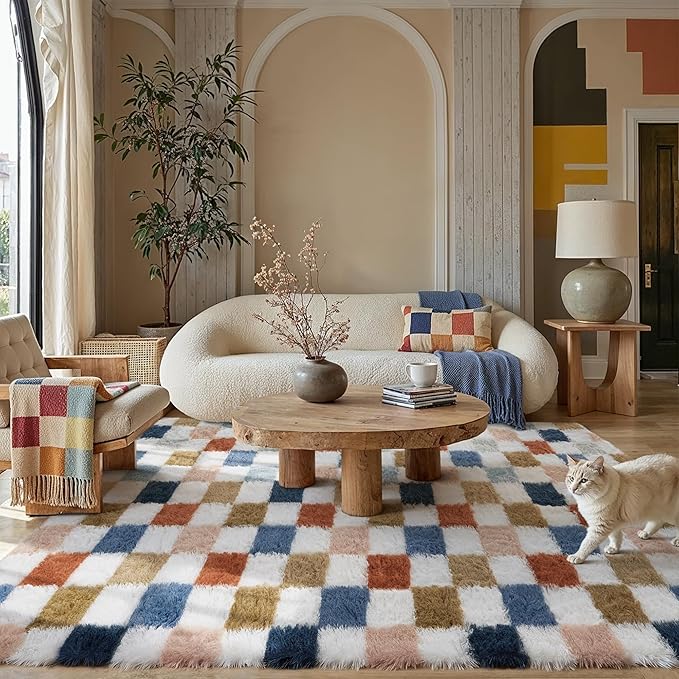 PureCozy Checkered Rug 5x8 for Living Room, Modern Rainbow Shag Rug Super Soft Washable Indoor Fuzzy Carpet Non-Slip Fluffy Rugs for Bedroom Home Aesthetic Decor