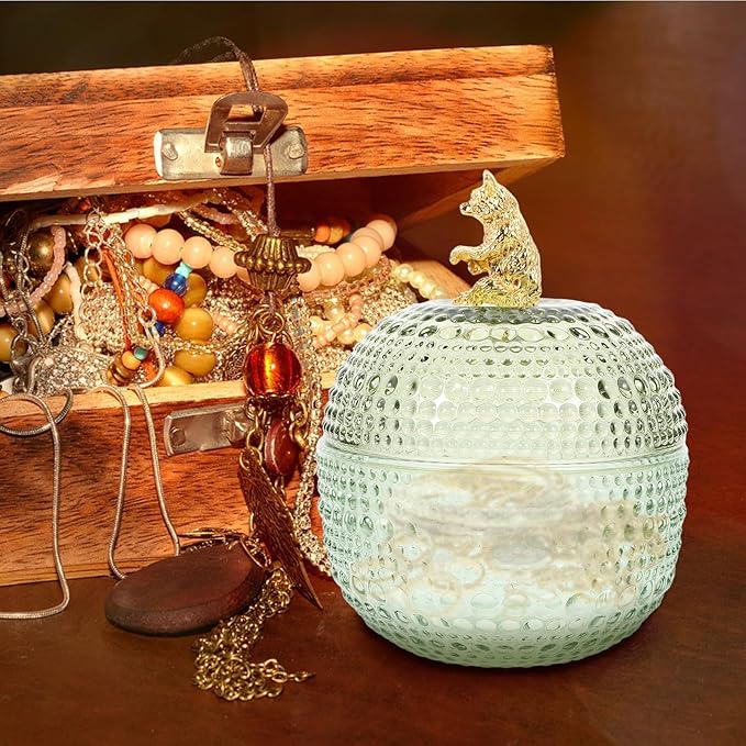 DOITOOL Large Green Glass Jewelry Storage Jar with Lid Glass Container for Earrings Necklaces Rings and Makeup Puff Organizer for Home Storage