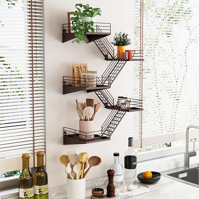 Fire Escape Shelf - 5 Tier Large Coffee Metal Fire Escape Wall Shelves with Baskets, New York Action Figurine Display Shelf, Unique Rustic Floating Decorative Wall Shelves for Home