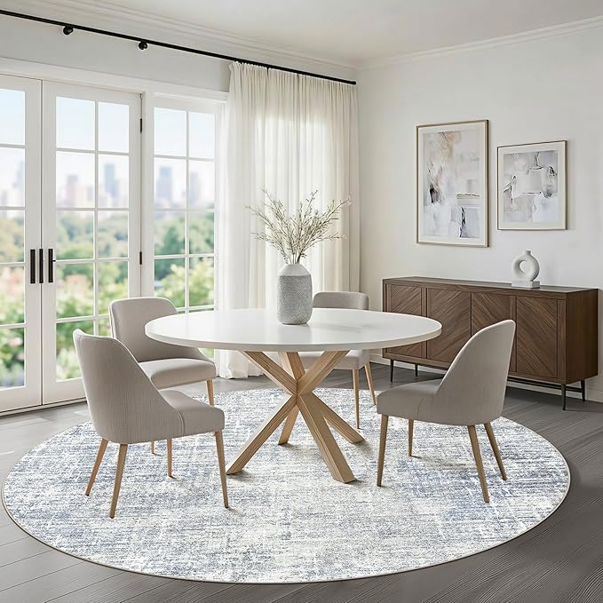 10ft Round Rug Living Room: 10x10 Washable Large Neutral Blue Circle Area Rug Abstract Soft Modern Stain Resistant Indoor Floor Non-Slip Carpet for Bedroom Nursery Kids Office Playroom Dining Room