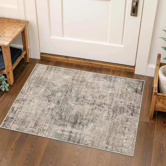 Taupe 2x4 Runner Rug for Entryway Indoor, Kitchen Floor Waterproof, Bathroom, Powder Room, Washable Non Slip Low Pile Stain & Fade Resistant, Modern Eclectic Tan Décor