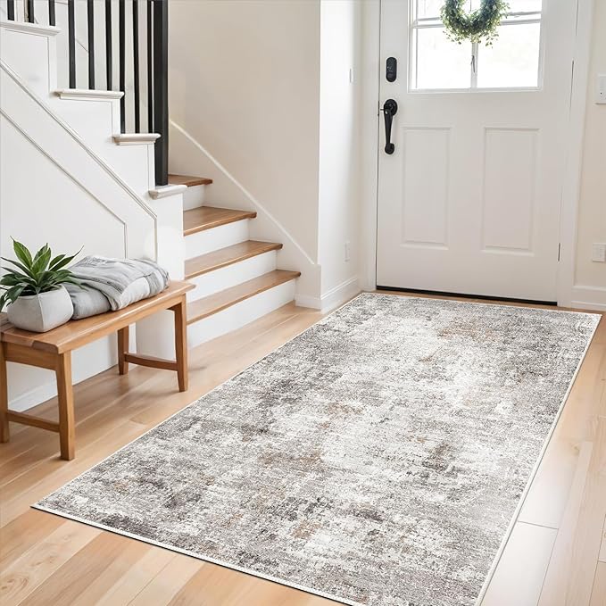 4x6 Washable Entryway Rug – Non-Slip Low-Pile Small Area Rug for Kitchen Bedroom Living Room Office – Modern Abstract Neutral Throw Carpet with Rubber Backing (Beige, Grey)