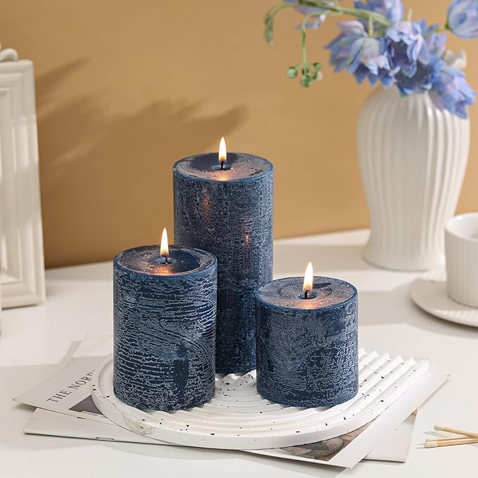 3x6 Inch Dark Blue Pillar Candles Set of 3 - Hand-Poured Unscented Candles, Long Clean Burning, Navy Blue Candle, Smokeless Dripless Candle for Dinner Table, Wedding, Home, Rustic Decor