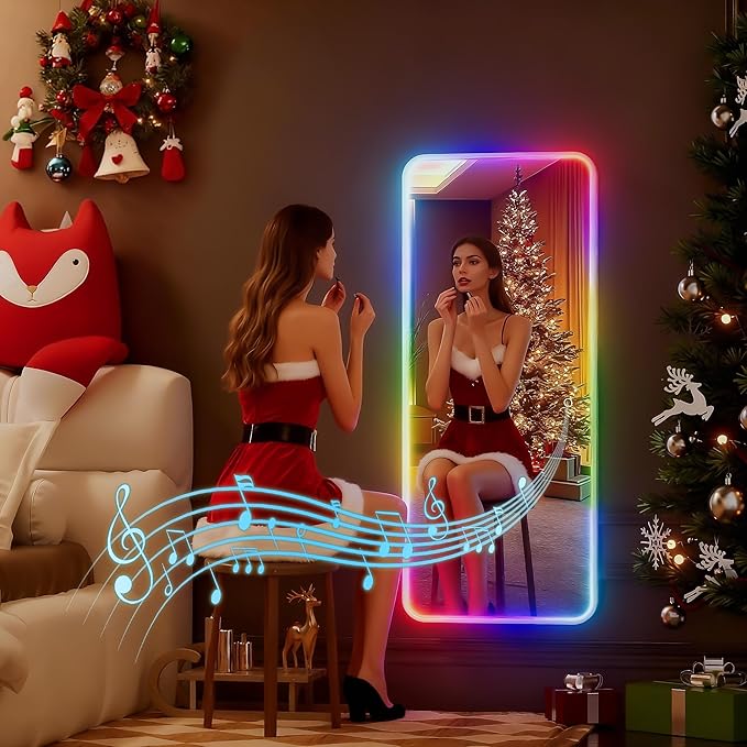 Hasipu 43"x16" LED RGB Bluetooth Door Mirror Full Length, Full Body Full Length Over The Door Mirror with Lights, Door Hanging & Wall Mounted Mirror for Bedroom, Living Room, Cloakroom