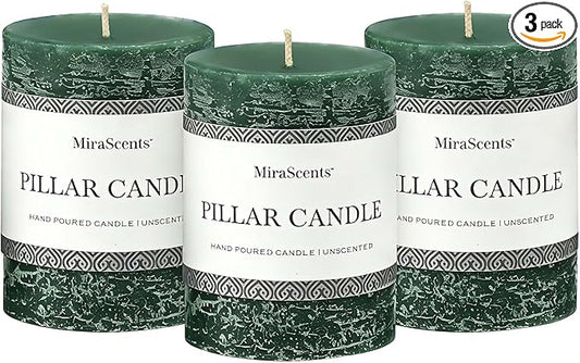 3x4 Inch Dark Green Pillar Candles Set of 3 - Hand-Poured Unscented Candles, Long Clean Burning, Dusty Sage Candle, Smokeless Dripless Candle for Dinner Table, Wedding, Home, Rustic Decor