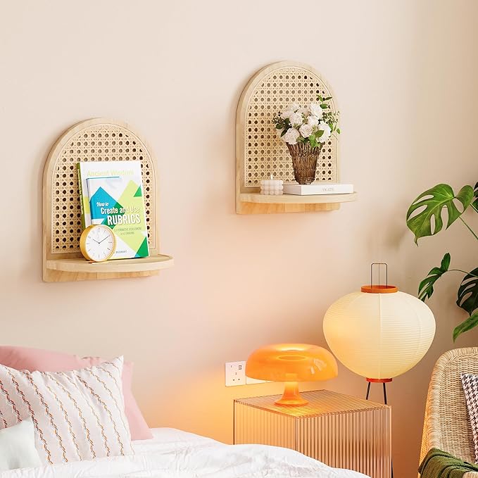 Arched Rattan Wall Shelf - Boho Rattan Floating Shelf with Grooved Edge, Unique Small Display Shelves, Natural Pine Wood Wall Decor for Bedroom, Living Room, Nursery Room, Set of 2, Natural