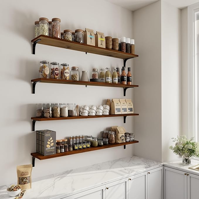 12 Inch Deep Floating Shelves Set of 4, 60 Inch Extra Long Walnut Solid Wood Wall Shelves, 5ft Heavy Duty Farmhouse Wall Mounted Shelving for Kitchen, Living Room & Bedroom