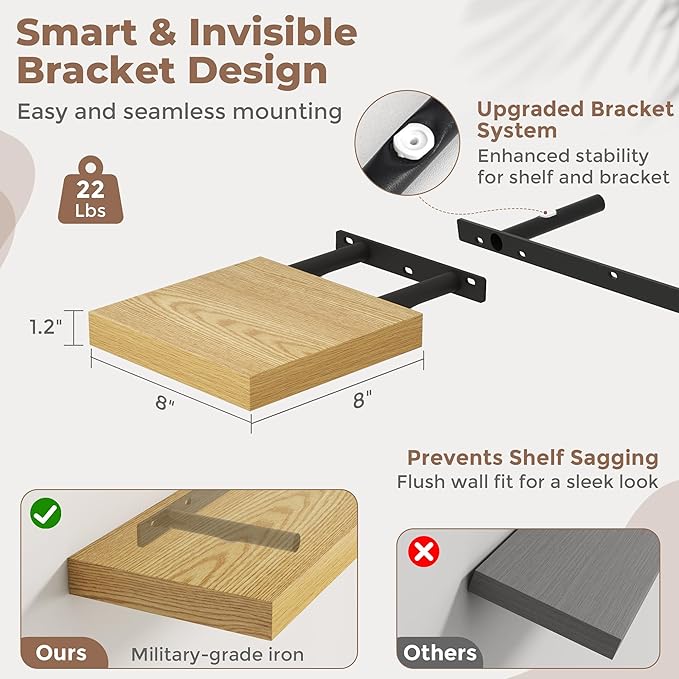 8 Inch Floating Shelves for Wall with Invisible Brackets Set of 3, 8"D Engineered Wood Wall Shelves with Wood Grain for Living Room, Bedroom, Bathroom, Kitchen Decor and Storage, Oak Finish