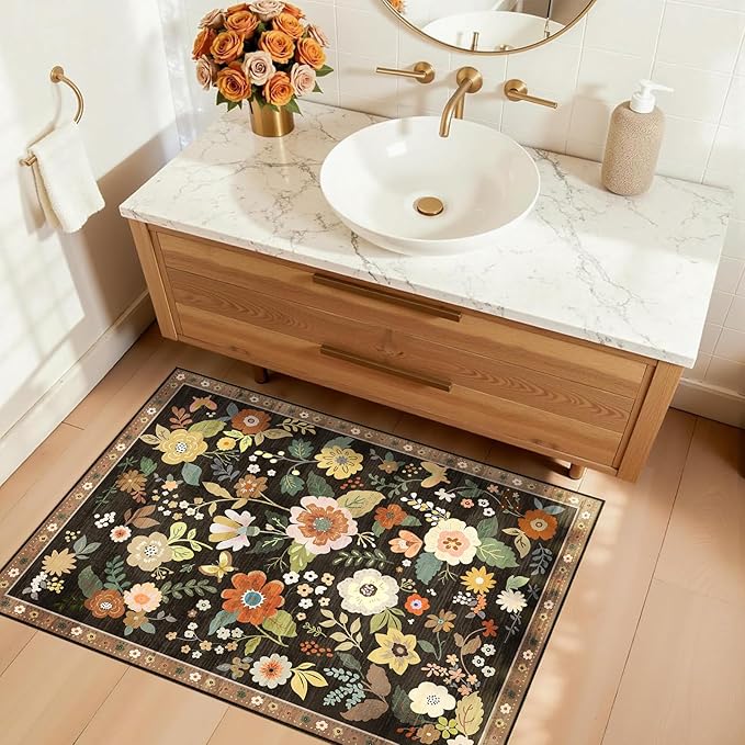 RELEANY Floral Nursery 2x3 Area Rugs Washable Print Boho Cute Carpet Non Slip Flower Low Pile for Living Room Kids Girls Playroom Bedroom Kitchen Office Farmhouse-Black/Yellow/Red
