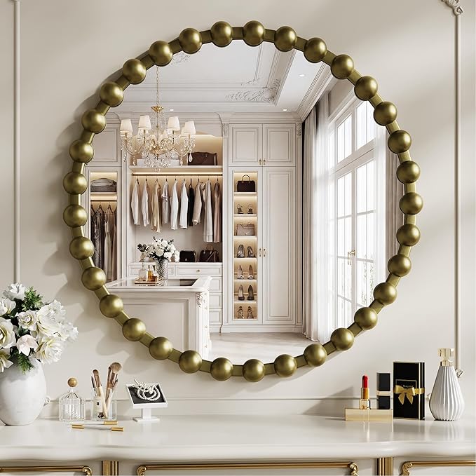 Round Vintage Vanity Mirror, 28 Inch Beaded Frame Circle Wall Mirror for Bathroom, Bedroom Dresser, Entryway, Living Room, Decorative Hanging Wall Mirror, Bronze