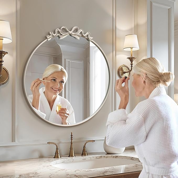 Besdomus Antique Large Wall Mirror: 27" Champagne Silver Bow Vintage Wall Mounted Mirror - Baroque Traditional Ornate for Fireplace/Bathroom/Living Room - Wall Decor for Teen Girl