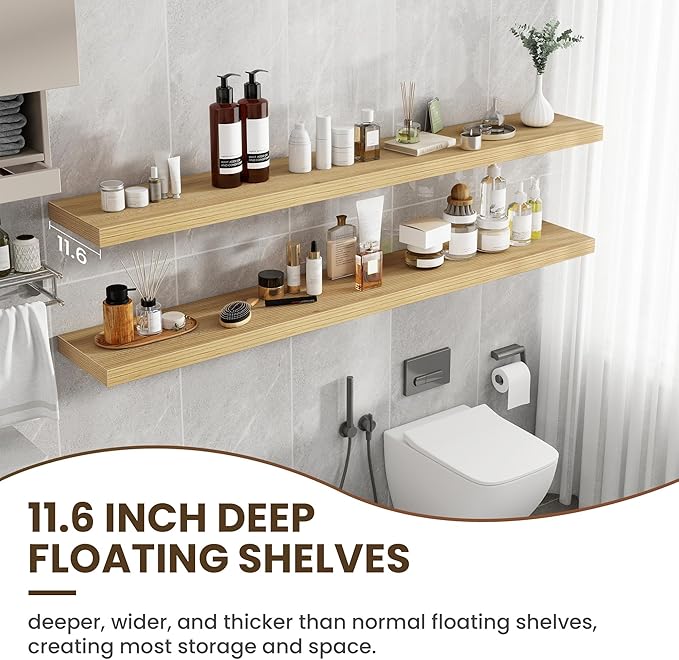 Acovy 72 inch Floating Shelves for Wall, 12 Inch Deep Floating Shelf, Hanging Shelf with Invisible Brackets, Rustic Wooden Wall Shelves for Bathroom, Bedroom, Living Room,Farmhouse Set of 1,Natural
