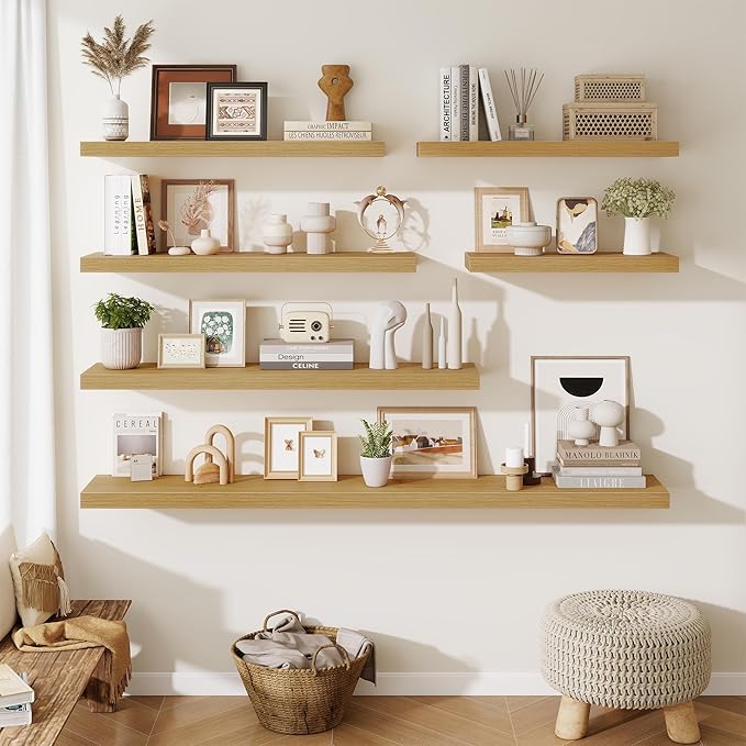 Fun Memories Floating Shelves for Wall - 10" x 10" Wood Shelf with Invisible Bracket - Deep Floating Shelves - 10 Inch Shelf Wall-Mounted for Living Room & Bathroom - Oak - Set of 2
