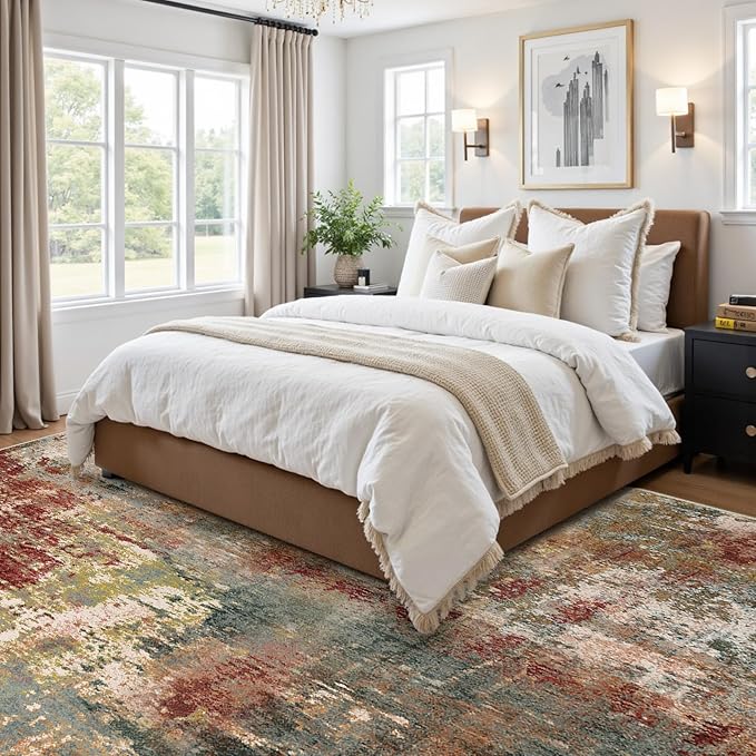 RELEANY Washable Area Rugs 6'x9' Non-Slip Modern Abstract Soft for Living Room Entryway Bedroom Nursery, Print Pattern, Brown Rust Red Green Blue Multi