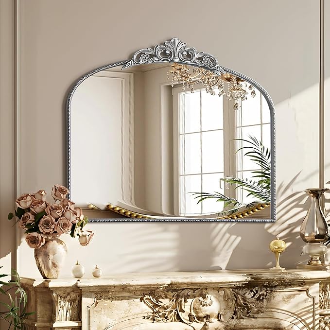 Micasso Vintage Baroque Silver Mirror: 29" x 36" French Vintage Mirror - Traditional Ornate Decorative Arched Mirrors for Wall/Bathroom/Entryway/Fireplace/Hallway - Home Decor for Living Room
