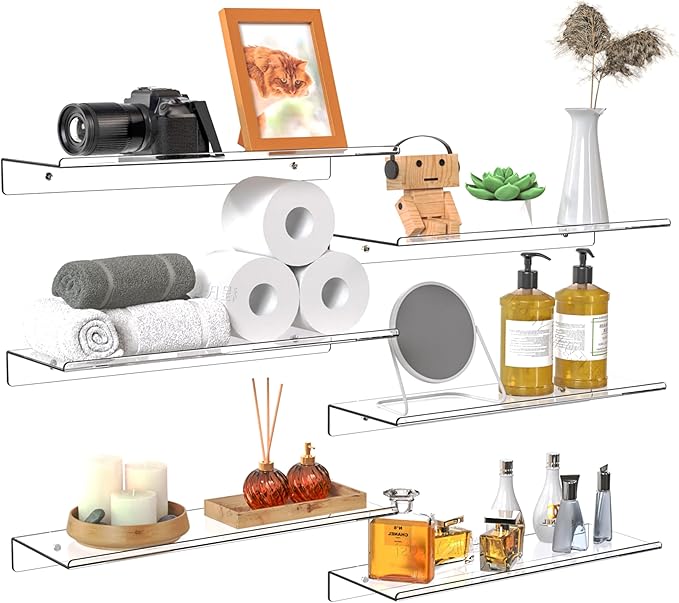Clear Acrylic Floating Shelves Set of 2 for Lego Sets Funko Pop Collectibles Kids Bookshelf Figures Plant Picture Photo Modern Wall Ledge Floating Shelf for Bedroom Decor Living Room Wall Shelf