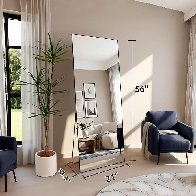 Full Length Mirror 56"x21" Black Rectangle Floor Mirror with Stand, Aluminum Alloy Frame Tempered Glass Full Body Mirror, Wall Mountable Standing for Bedroom Bathroom Living Room Entryway