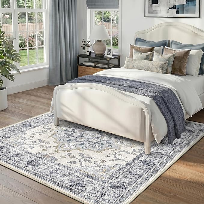 CAPALOCA Machine Washable Rugs Nursery Rug Sq4ft Cute Girl Non Slip Low Pile Water Repellent Soft Print Pattern for Bedroom Indoor Decor Kids Playroom Blue White