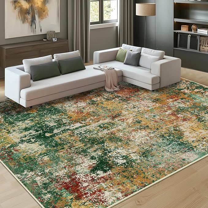 RELEANY Washable Area Rugs 9'x12' Non-Slip Modern Abstract Soft for Living Room Entryway Bedroom Nursery, Print Pattern, Green Orange Rust Red Cream Colorful