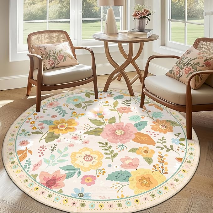 RELEANY Floral Nursery 6ft Area Rugs Washable Print Boho Cute Carpet Non Slip Flower Low Pile for Living Room Kids Girls Playroom Bedroom Kitchen Office Farmhouse-Beige/White/Orange