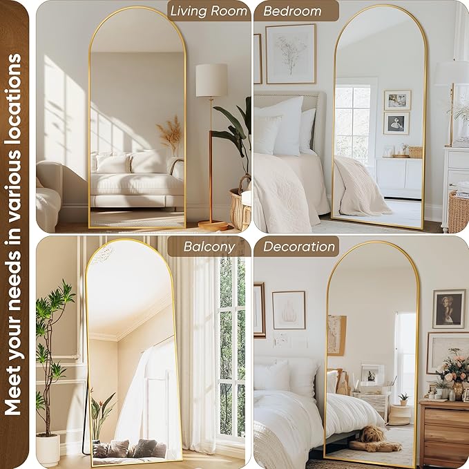 Antok Arched Full Length Mirror, 68"x28" Gold Metal Frame Floor Mirror for Bedroom Living Room, Freestanding/Wall Mount/Leaning