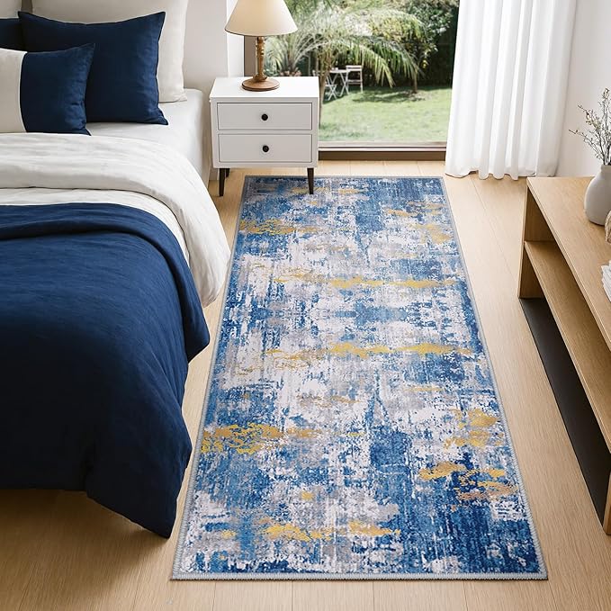 RELEANY Washable Area Rugs 2'x6' Non-Slip Modern Abstract Soft for Living Room Entryway Bedroom Nursery, Print Pattern, Grey Blue Gold/Golden