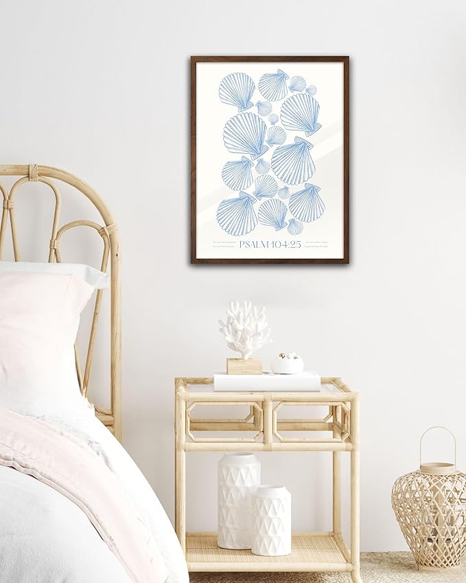 EcoHest Christian Bible Verse Framed Wall Art, 12x16 in Walnut Color OAK Wood Seashell Nautical Scripture Quote Canvas Wall Art, Psalm 104:25 Home Decor, Beige Logs 1Pack for Bedroom Living Room